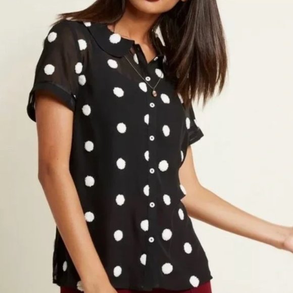 Modcloth Sheer Black Mesh Button Down with White Sherpa Fuzzy Polka Dots - Picture 2 of 8